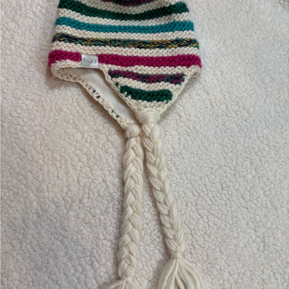 Cream and Pink Chulli Hat with Earflaps and Braided Ties with Pom Pom